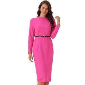 Women's Work Sheath Dress Stand Collar Bodycon Career Dresses Hot Pink